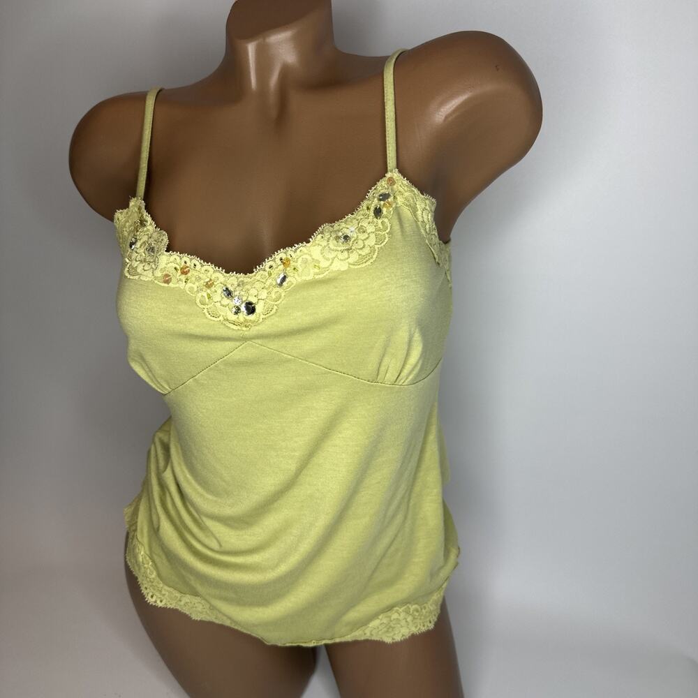 Vintage Olivia Lauren Lace Trim Camisole Top Medium M Green Beaded Cami Y2K